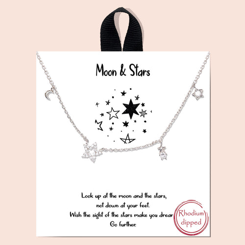 Moon and Stars Silver Inspirational Necklace on Gift Card