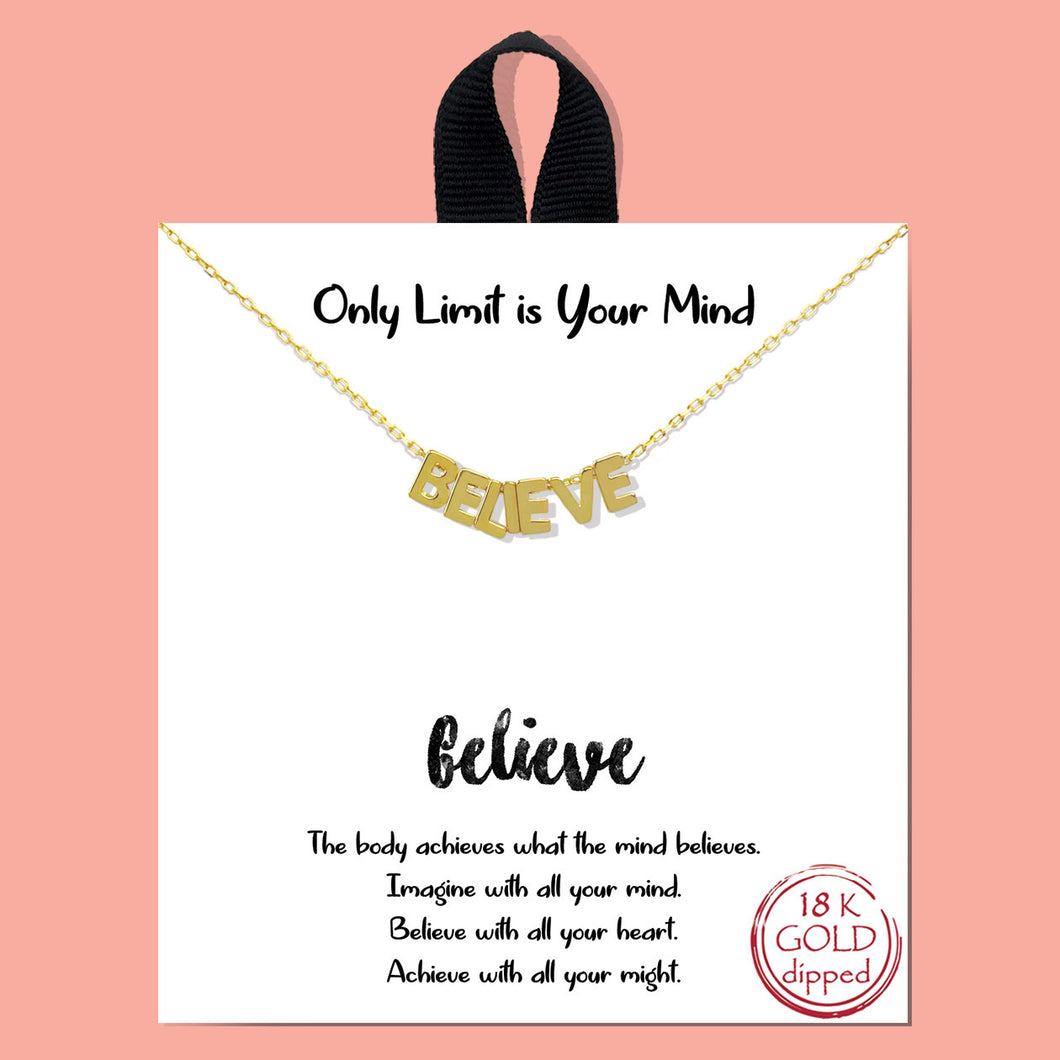 Only Limit is Your Mind BELIEVE Gold Inspirational Necklace on Gift Card