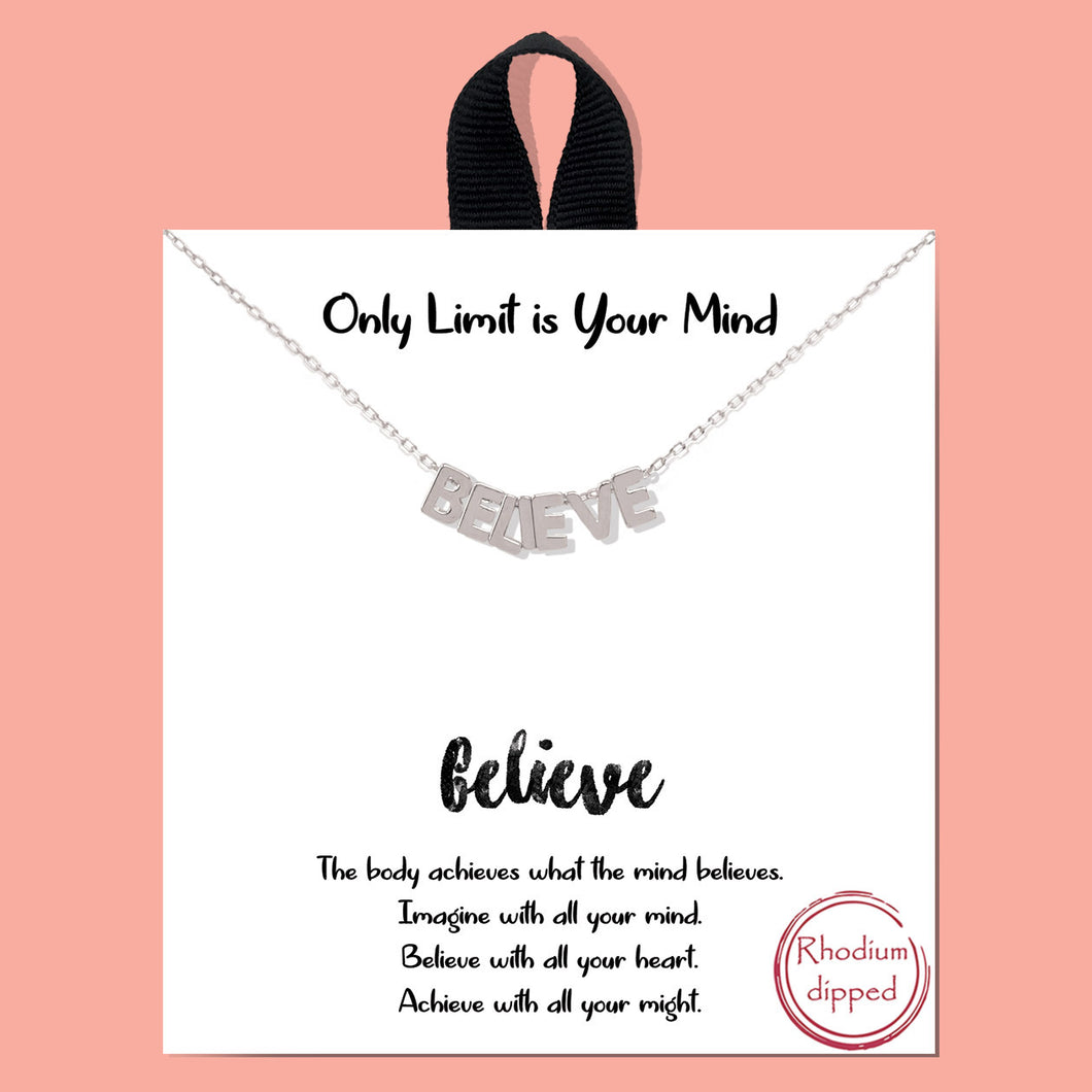 Only Limit is Your Mind BELIEVE Silver Inspirational Necklace on Gift Card