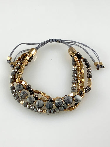 Multi strand gray crystal gold and gray jasper stone bead adjustable bracelet