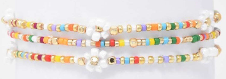 Multiple Stretch Beaded Bracelets with Bead Flowers - Multicolor and Gold beads