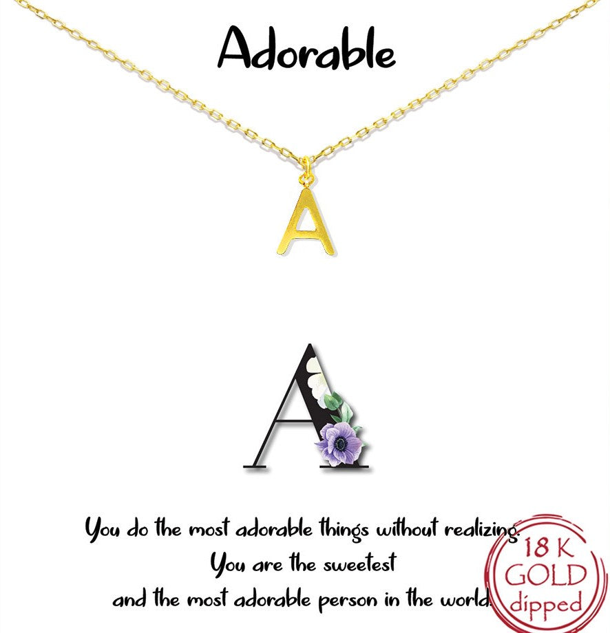 Gold Initial Charm Necklace on gift card- A for Adorable