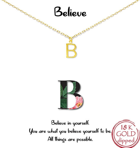 Gold Initial Charm Necklace on gift card - B for Believe