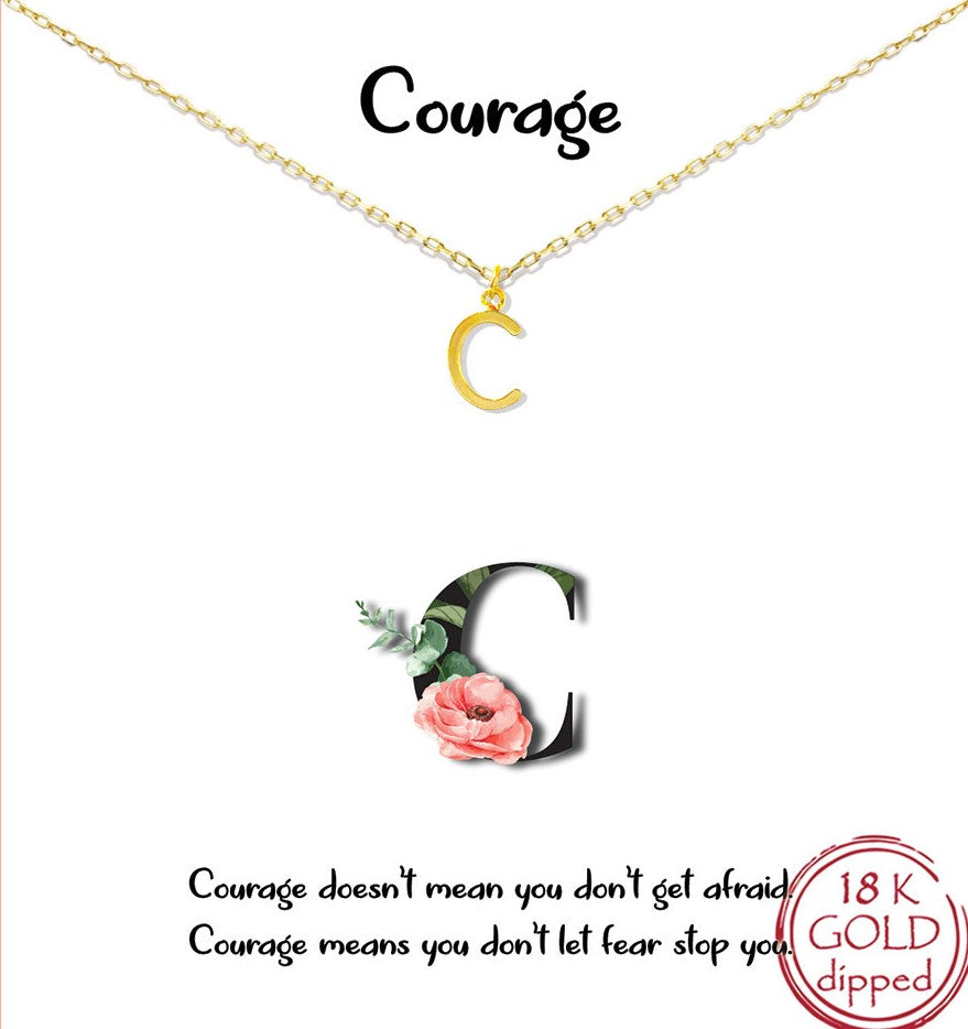 Gold Initial Charm Necklace on gift card - C for Courage