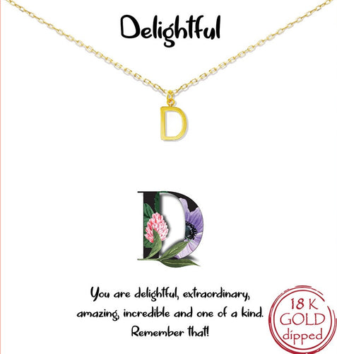 Gold Initial Charm Necklace on gift card - D for Delightful