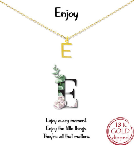 Gold Initial Charm Necklace on gift card - E for Enjoy