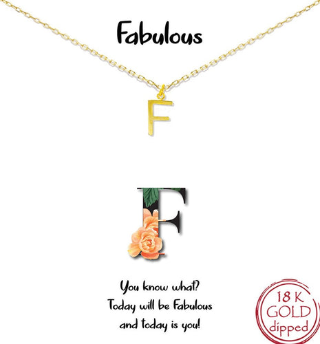 Gold Initial Charm Necklace on gift card - F for Fabulous