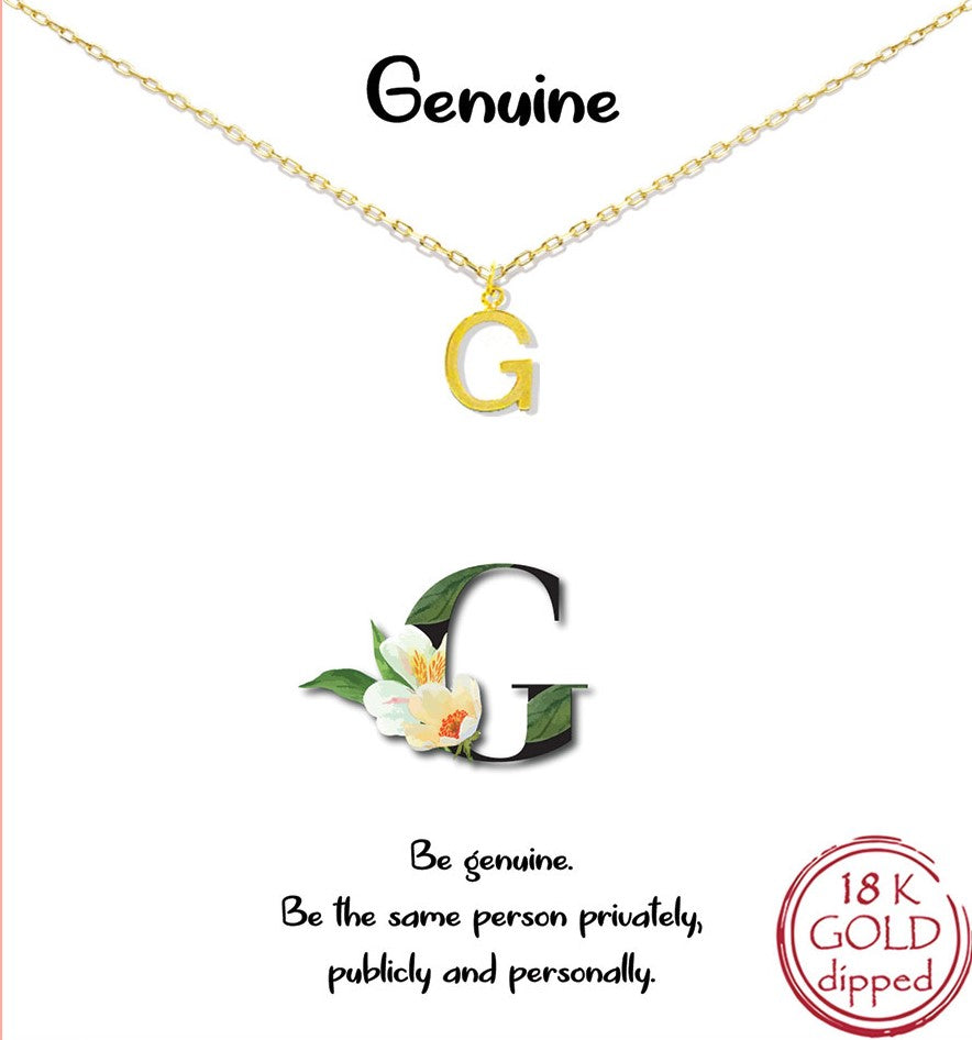 Gold Initial Charm Necklace on gift card - G for Genuine