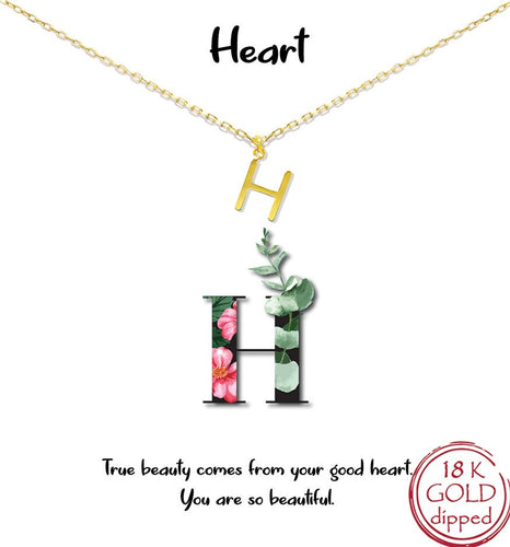 Gold Initial Charm Necklace on gift card - H for Heart