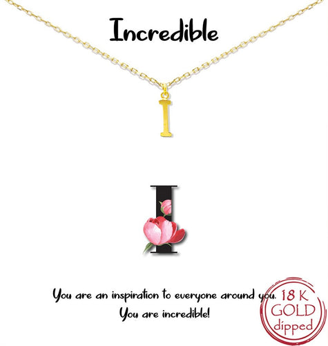 Gold Initial Charm Necklace on gift card - I for Incredible