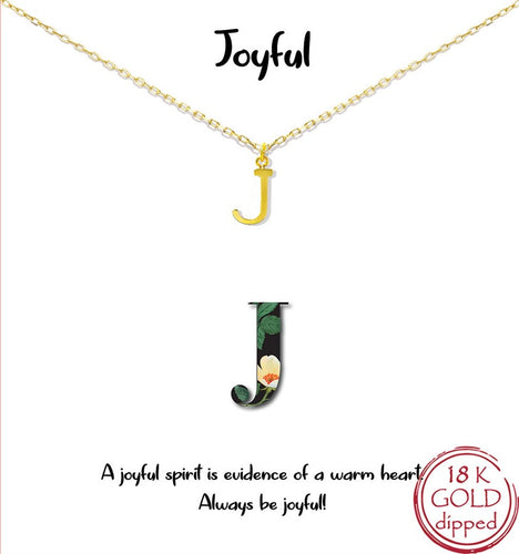 Gold Initial Charm Necklace on gift card - J for Joyful