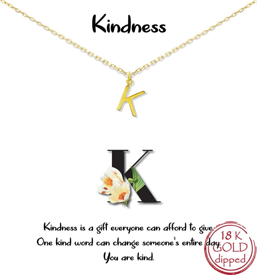 Gold Initial Charm Necklace on gift card - K for Kindness