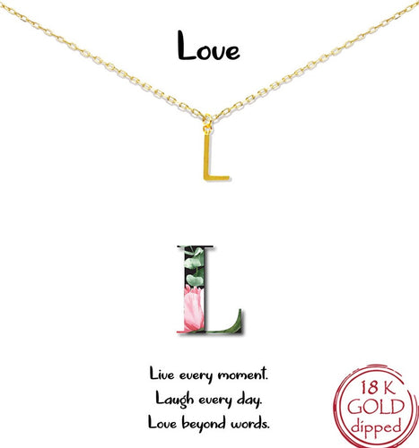 Gold Initial Charm Necklace on gift card - L for Love