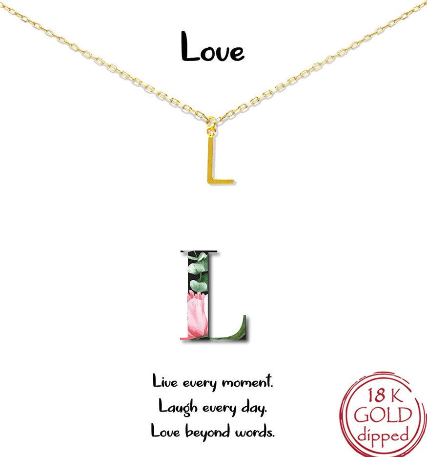 Gold Initial Charm Necklace on gift card - L for Love