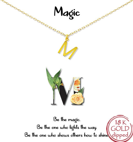 Gold Initial Charm Necklace on gift card - M for Magic