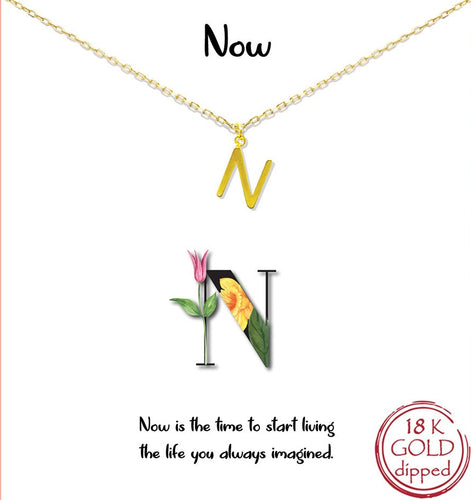 Gold Initial Charm Necklace on gift card - N for Now