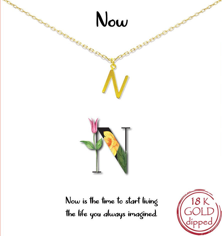 Gold Initial Charm Necklace on gift card - N for Now