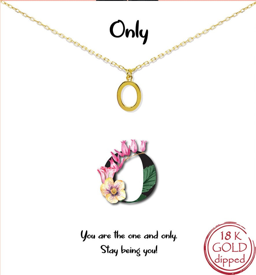 Gold Initial Charm Necklace on gift card - O for Only