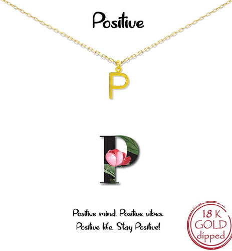 Gold Initial Charm Necklace on gift card - P for Positive