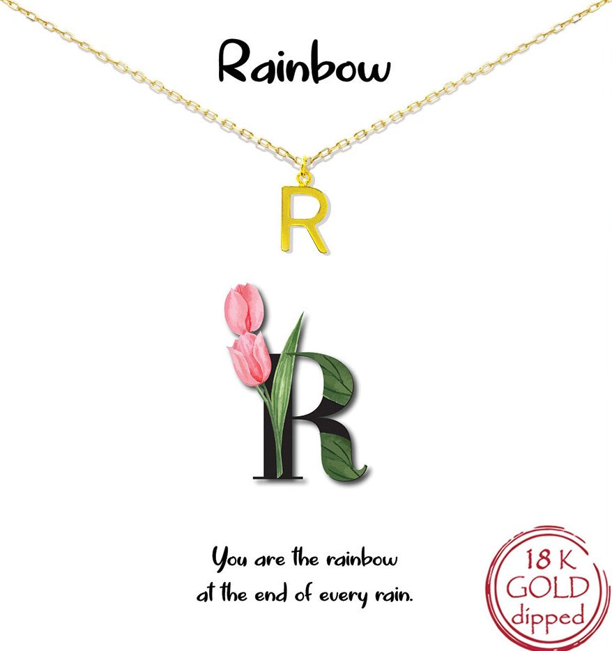 Gold Initial Charm Necklace on gift card - R for Rainbow