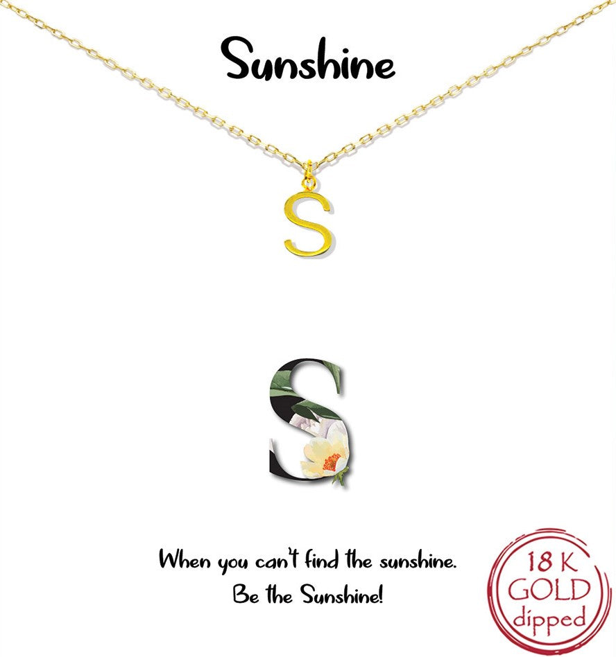 Gold Initial Charm Necklace on gift card - S for Sunshine