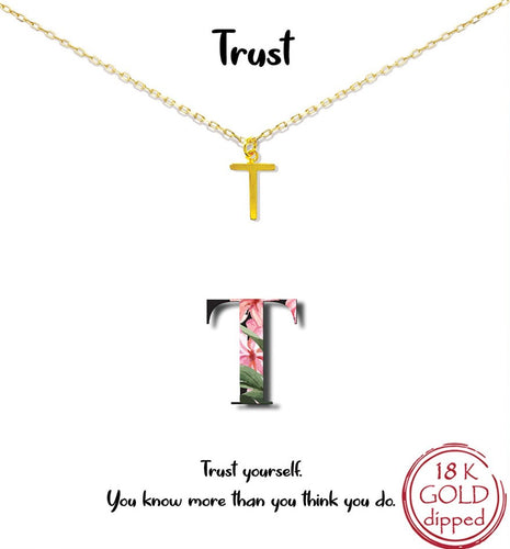 Gold Initial Charm Necklace on gift card - T for Trust