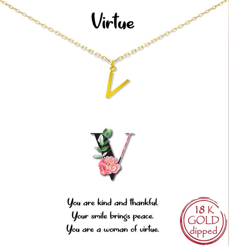 Gold Initial Charm Necklace on gift card - V for Virtue