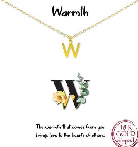 Gold Initial Charm Necklace on gift card - W for Warmth