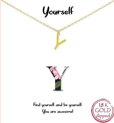 Gold Initial Charm Necklace on gift card - Y for Yourself