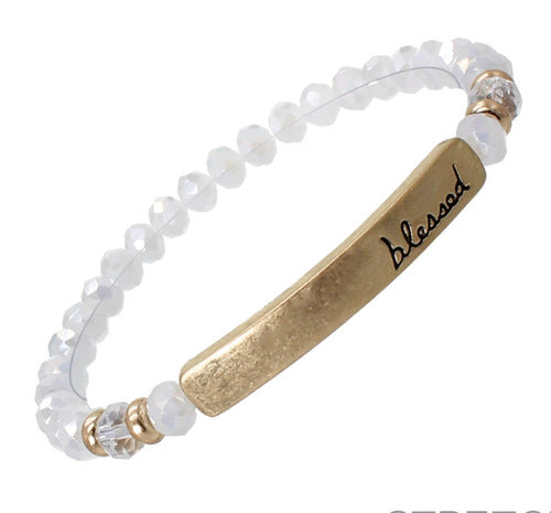 BLESSED - White crystal Inspirational Bracelet with Gold