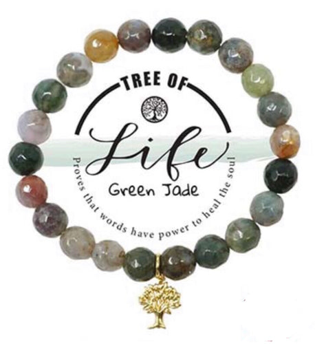 Tree Of Life Charm Semi-Precious Green Jade Stone Stretch Inspirational Bracelet