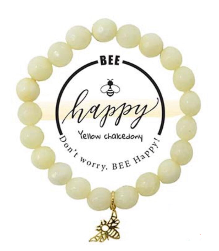 Bee Happy Charm Semi-Precious Yellow Chalcedony Stone Stretch Inspirational Bracelet