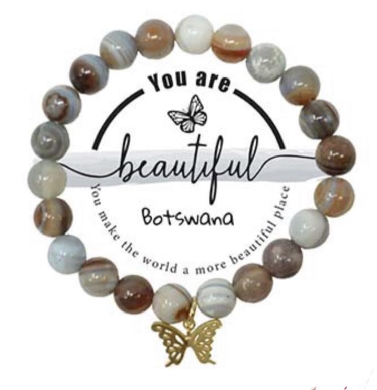 Butterfly Beautiful Charm Semi-Precious Botswana Stone Stretch Inspirational Bracelet