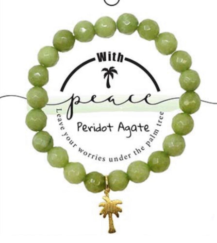 Palm Tree Peace Charm Semi-Precious Peridot Agate Stone Stretch Inspirational Bracelet