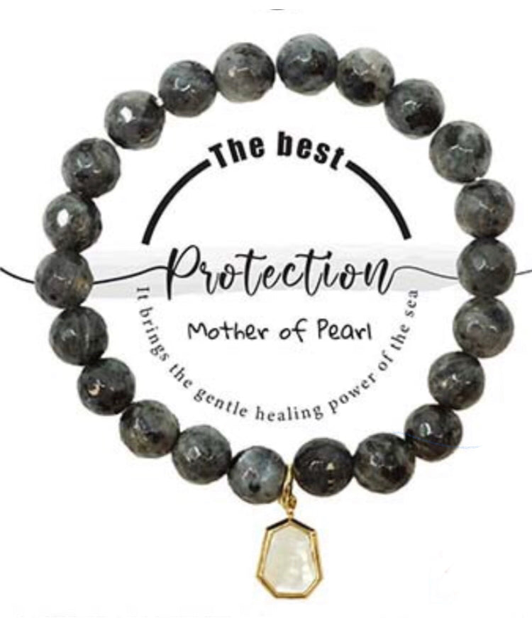 Mother of Pearl Protection Charm Semi-Precious Stone Stretch Inspirational Bracelet