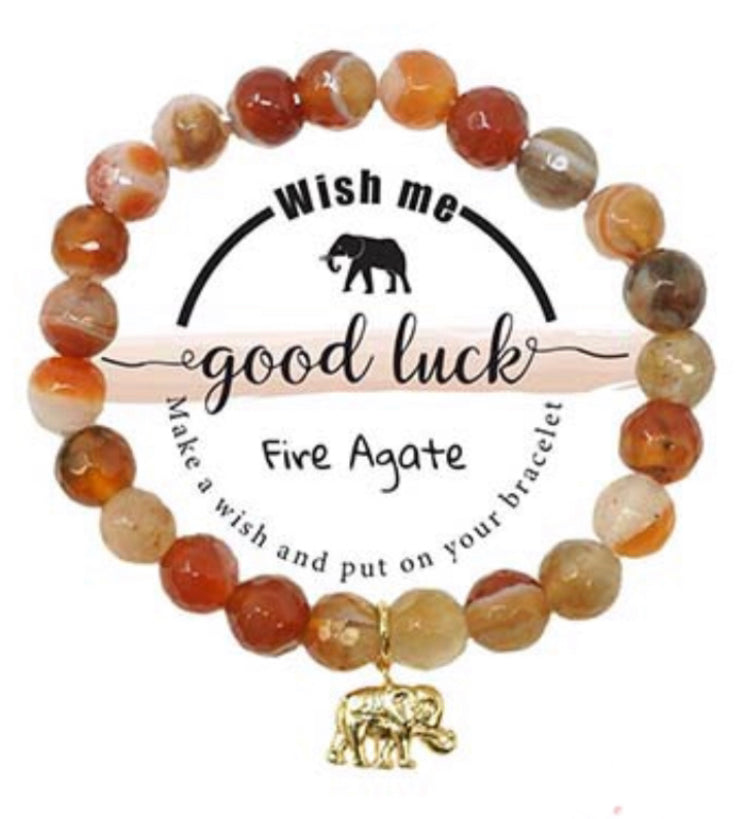 Elephant Good Luck Charm Semi-Precious Fire Agate Stone Stretch Inspirational Bracelet