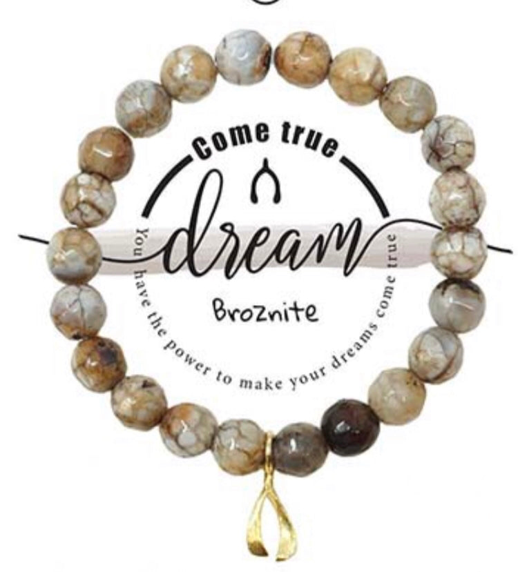 Wish Bone Dream Charm Semi-Precious Broznite Stone Stretch Inspirational Bracelet