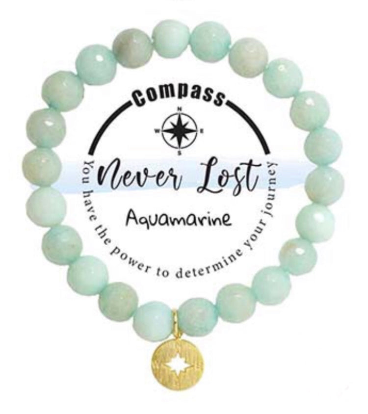 Compass Never Lost Charm Semi-Precious Aquamarine Stone Stretch Inspirational Bracelet