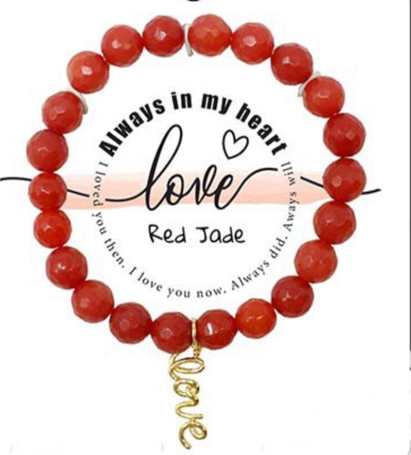 Love Charm Semi-Precious Red Jade Stone Stretch Inspirational Bracelet