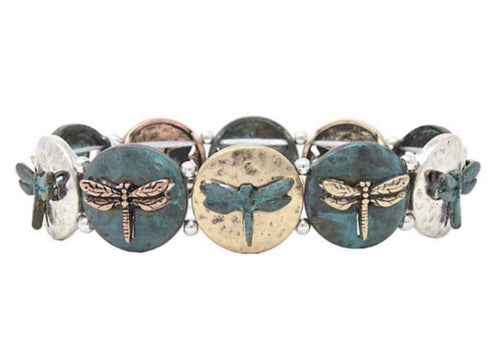 Patina Stretch Bracelet Round Disc Dragonfly