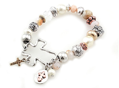 beautiful handmade tri-tone beaded cross charm Inspirational bracelet