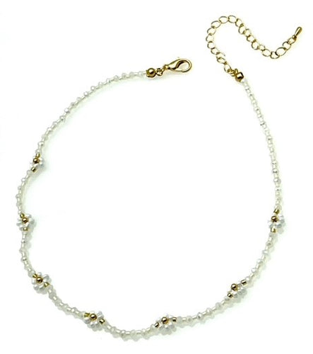 White Daisy Bead Flower Necklace with Beaded Chain