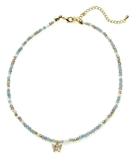 Pastel Beaded Necklace with Butterfly Pendant - Multi colors