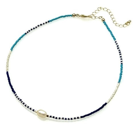 Beaded Necklace with Freshwater Pearl Pendant - Multi Navy