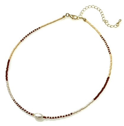 Beaded Necklace with Freshwater Pearl Pendant - Brown