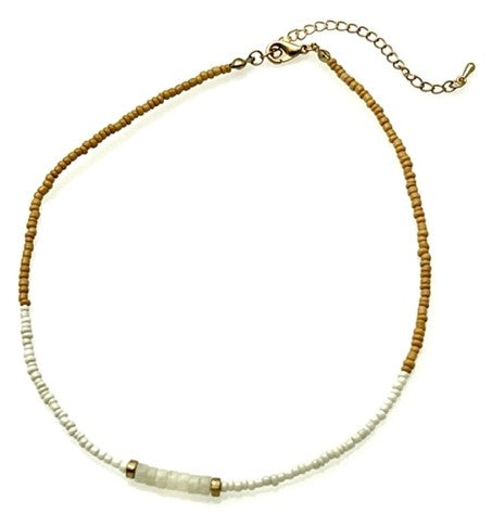 Beaded Necklace with Seed and Stone Beads - Cream/Tan