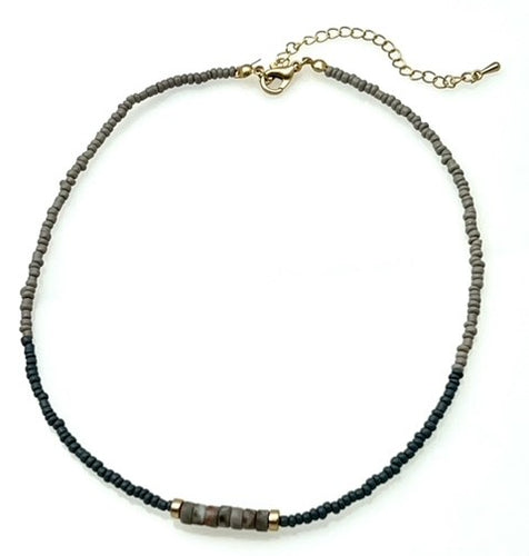 Beaded Necklace with Seed and Stone Beads - Gray