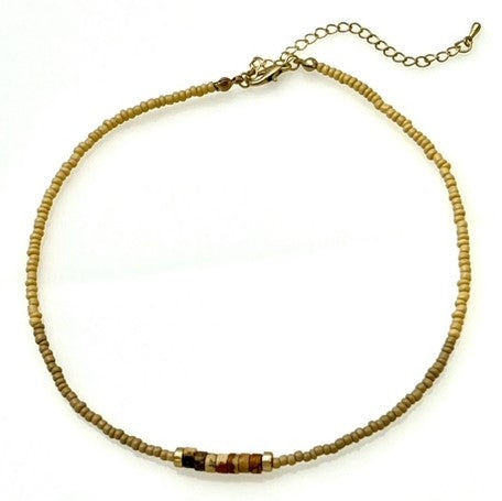 Beaded Necklace with Seed and Stone Beads - Tan