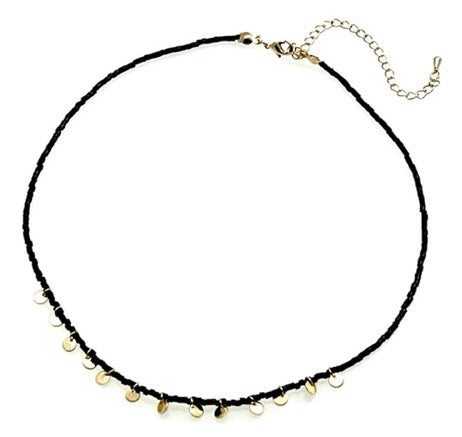 Beaded Necklace with Gold Sequins - Black beads