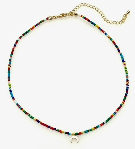 Beaded Necklace with Crescent Moon Pendant - Multi colors